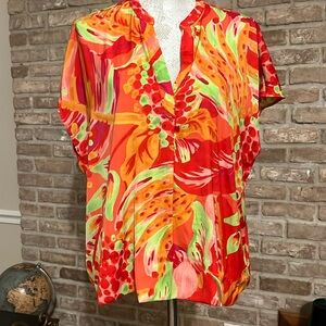 Cupcakes and Cashmere satin red/orange/pink/lime abstract blouse. XL